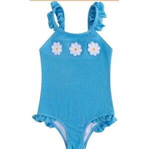 LIZENS Girls Piece Swimsuit Ruffles Blue White Daisy Sz 10-12 One Piece NWT